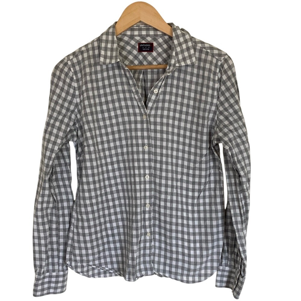 UNTUCKit Womens‎ Gray White Gingham Check Button Up Shirt Size 6 Long Sleeve